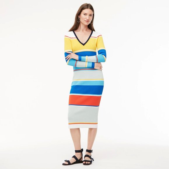NWT J. Crew Blue Yellow Stripe Ribbed Sweater Dress Sweaterdress - Size Small - Picture 1 of 11